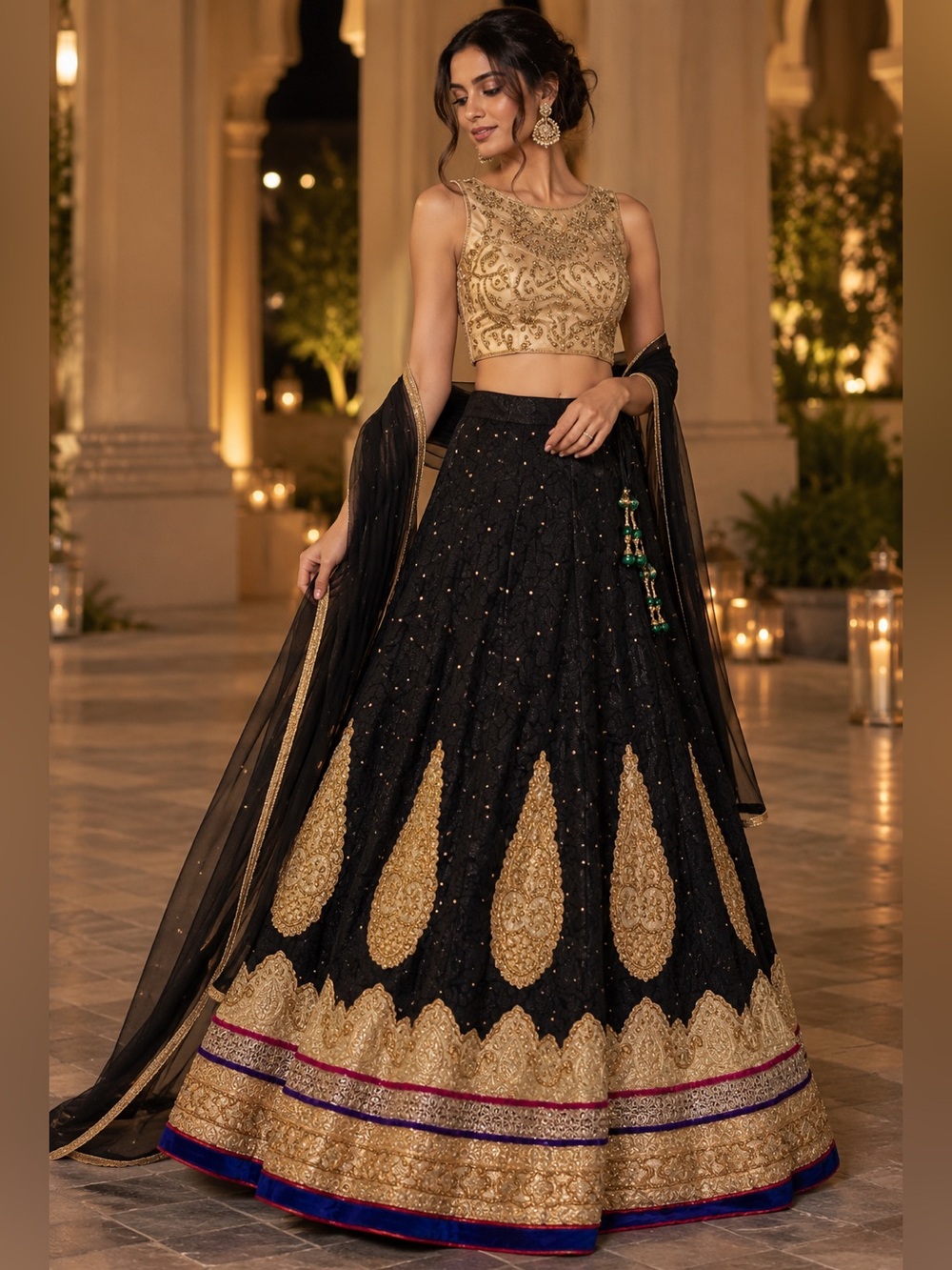 Black Embroidered Tall Lehenga with Gold Blouse
